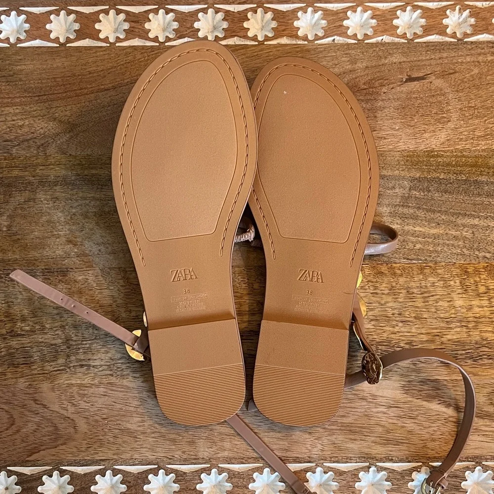 Zara Tan Leather T-Strap Sandals with Gold Disc Details - Picture 2 of 3